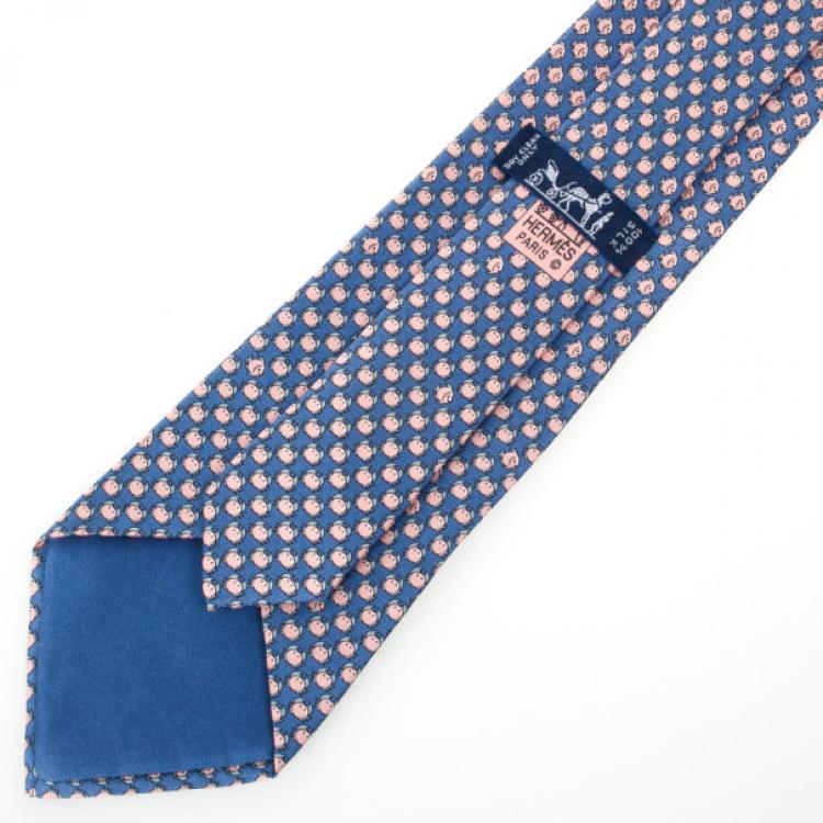 Pre Owned Hermes Blue Fish And Crab Print 'Sea Date' Silk Tie