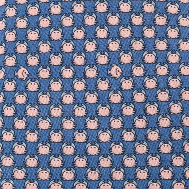 Pre Owned Hermes Blue Fish And Crab Print 'Sea Date' Silk Tie