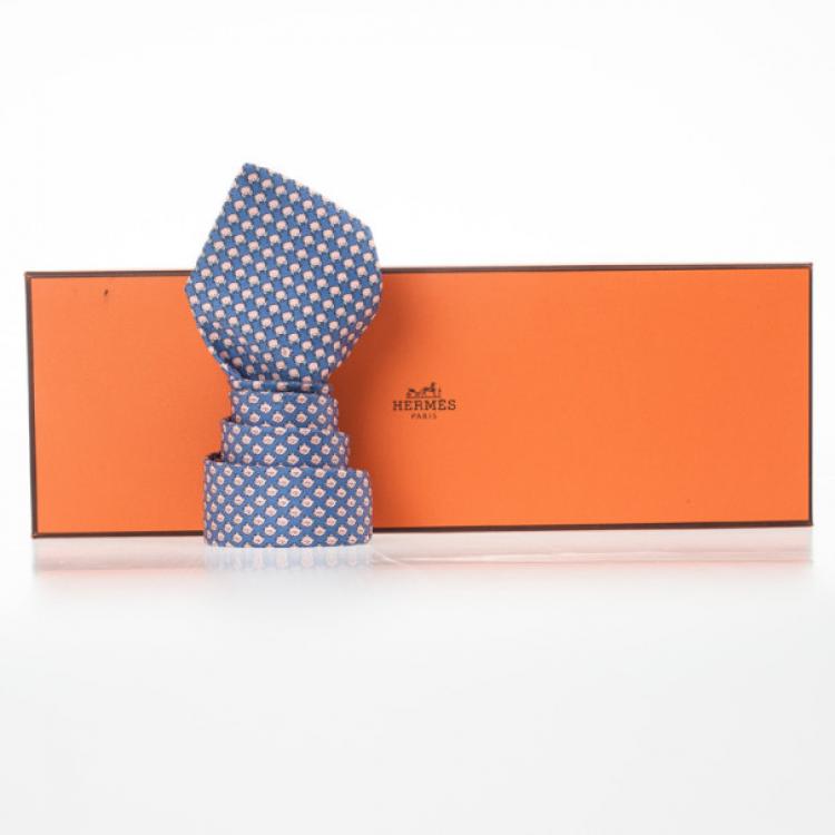 Pre Owned Hermes Blue Fish And Crab Print 'Sea Date' Silk Tie