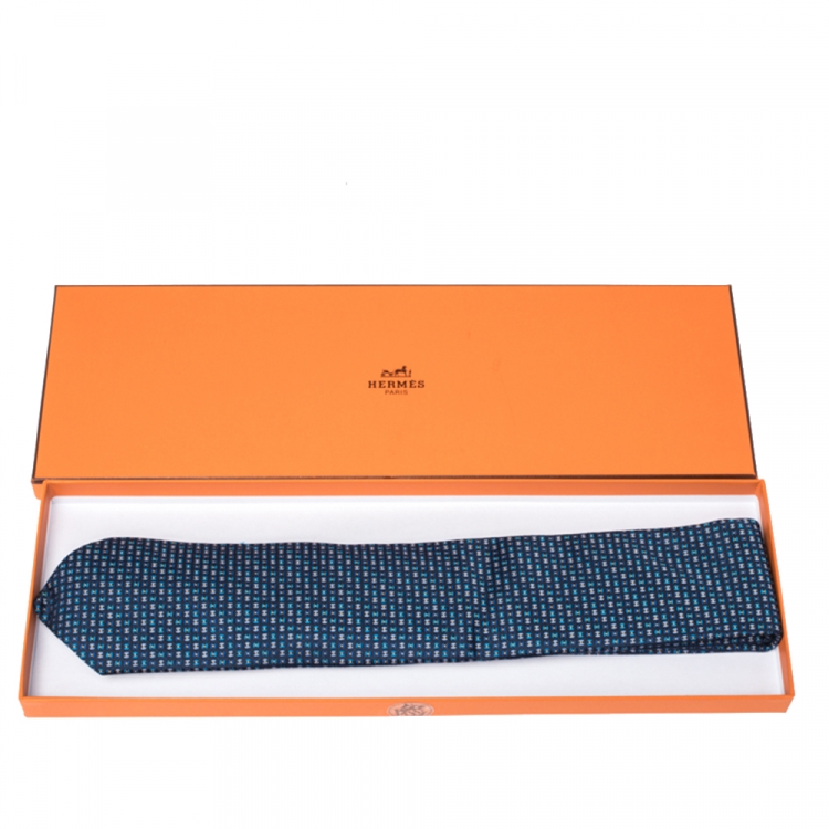 Pre Owned Hermes Marine Blue H Pearl Pattern Heavy Silk Tie