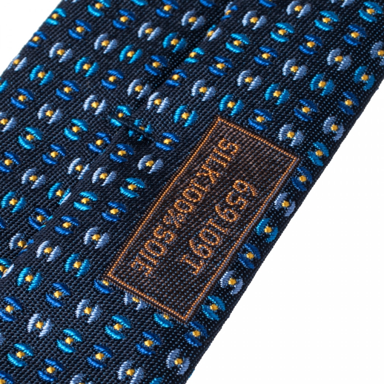 Pre Owned Hermes Marine Blue H Pearl Pattern Heavy Silk Tie