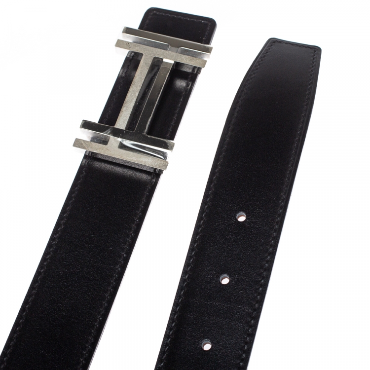 Pre Owned Hermes Noir/Gold Togo Leather Palladium Plated H Au Carre Buckle Reversible Belt 100CM