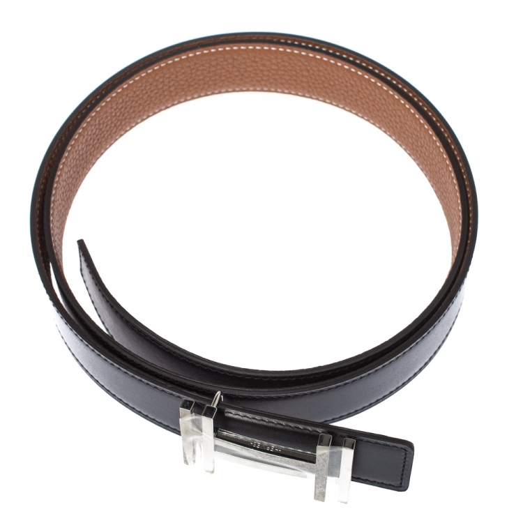 Pre Owned Hermes Noir/Gold Togo Leather Palladium Plated H Au Carre Buckle Reversible Belt 100CM