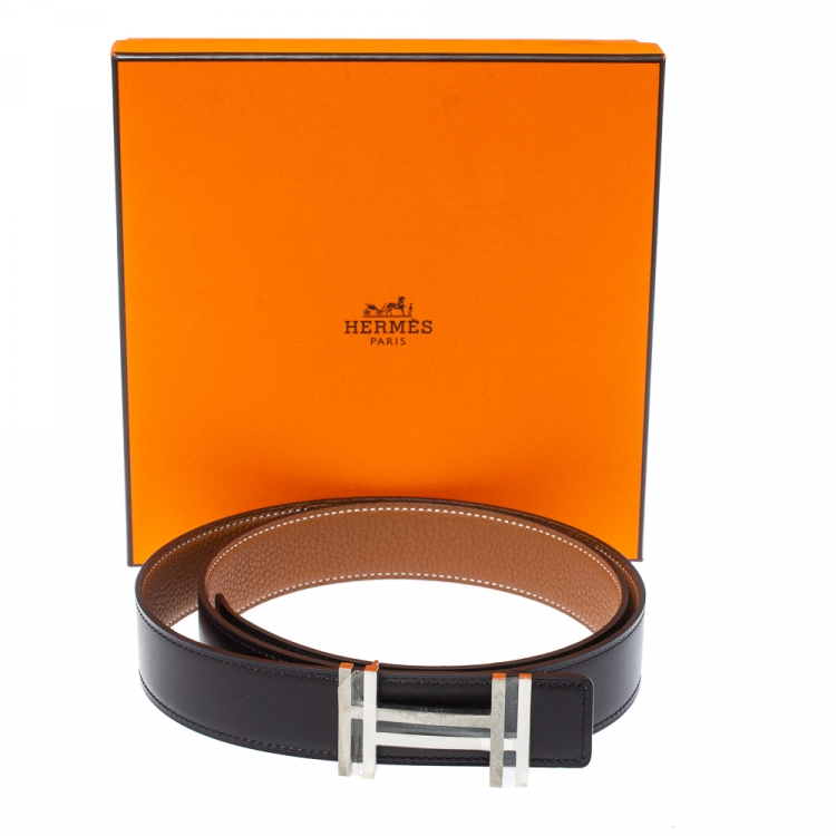 Pre Owned Hermes Noir/Gold Togo Leather Palladium Plated H Au Carre Buckle Reversible Belt 100CM