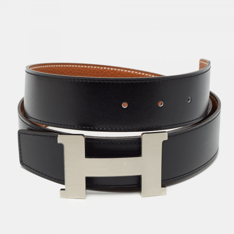 Pre Owned Hermès Black/Gold Chamonix and Togo Constance H Reversible Belt 100CM