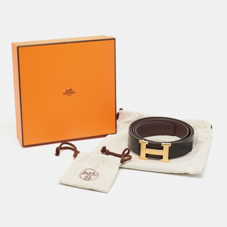 Pre Owned Hermes Noir/Chocolat Box and Togo Leather H Brushed Buckle Reversible Belt 120 CM