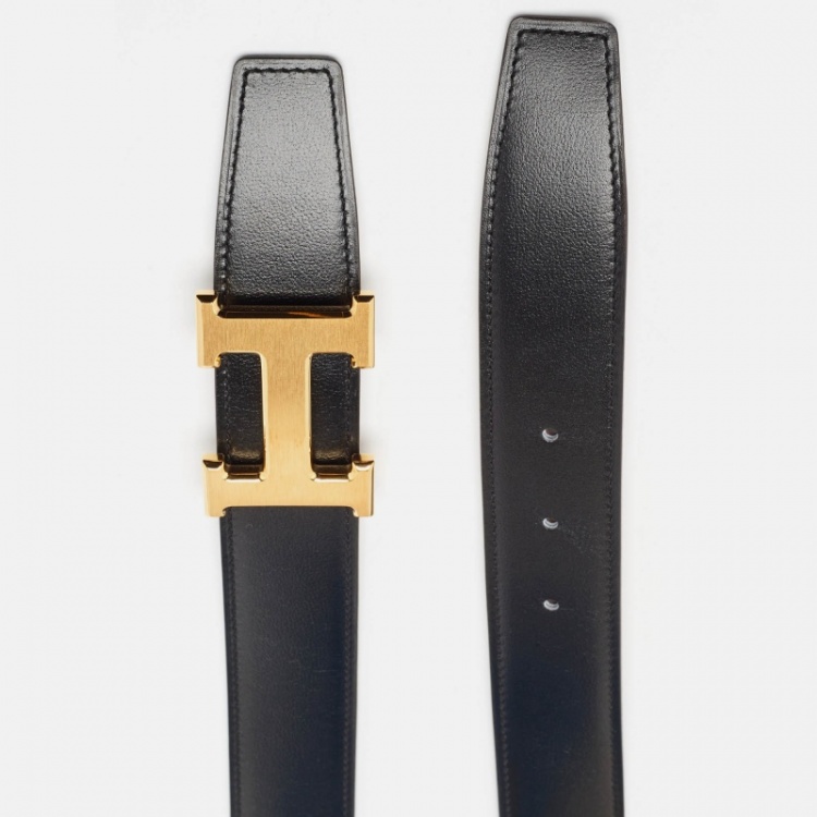 Pre Owned Hermes Noir/Chocolat Box and Togo Leather H Brushed Buckle Reversible Belt 120 CM
