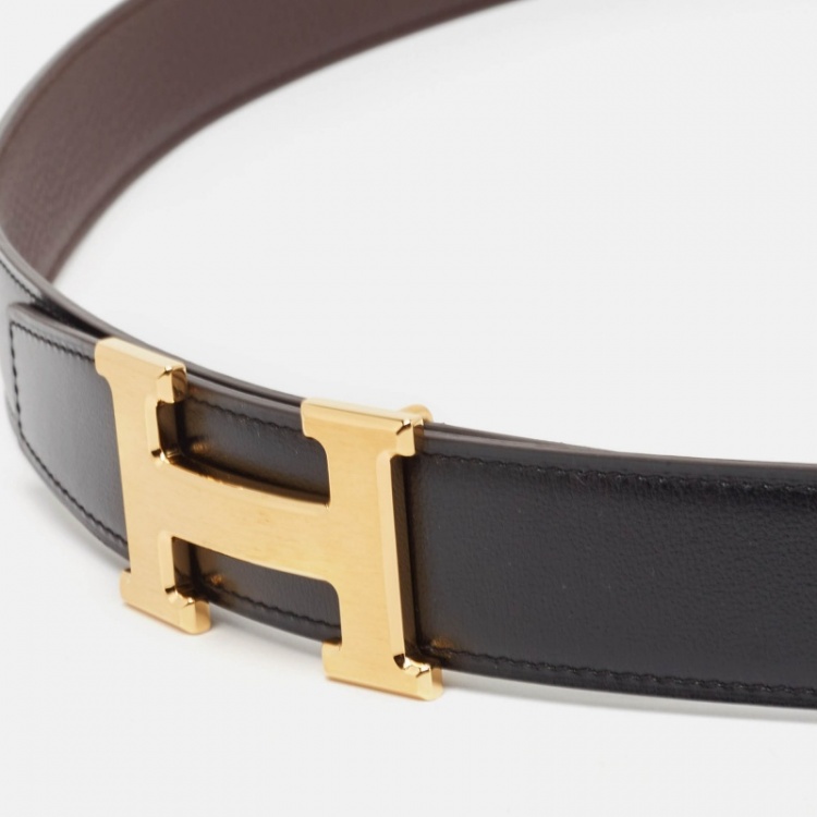 Pre Owned Hermes Noir/Chocolat Box and Togo Leather H Brushed Buckle Reversible Belt 120 CM