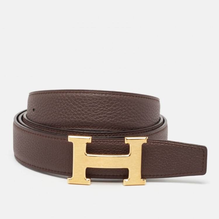 Pre Owned Hermes Noir/Chocolat Box and Togo Leather H Brushed Buckle Reversible Belt 120 CM