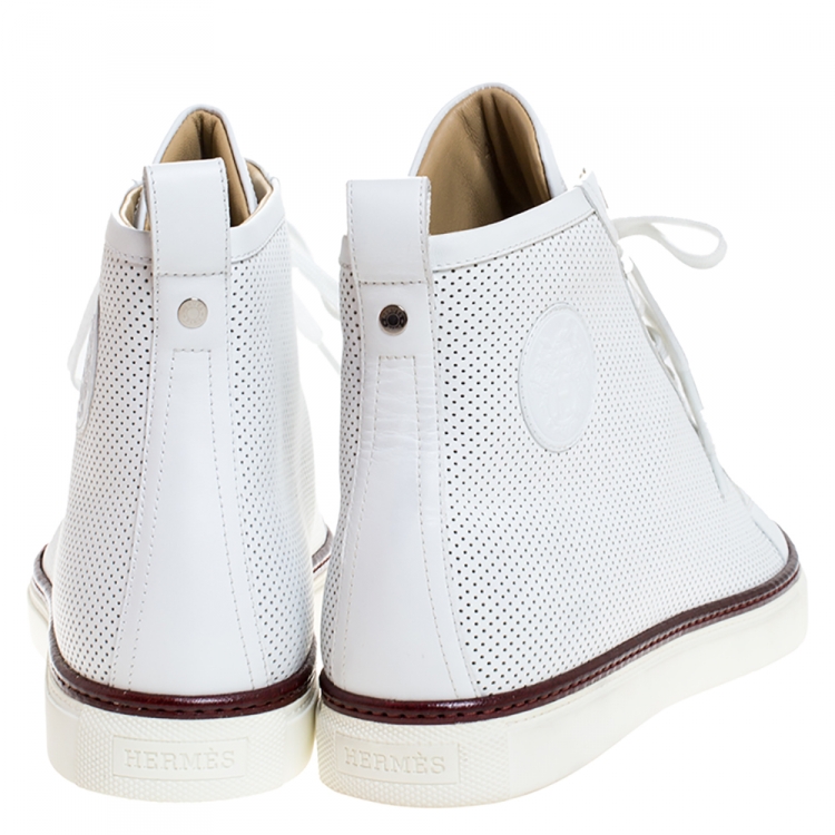 Pre Owned Hermes White Perforated Leather Jimmy High Top Sneakers Size 43