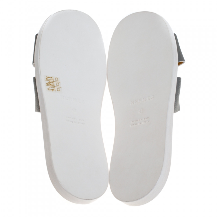 Pre Owned Hermes Grey/Yellow Leather Izmir Flat Slides Size 42