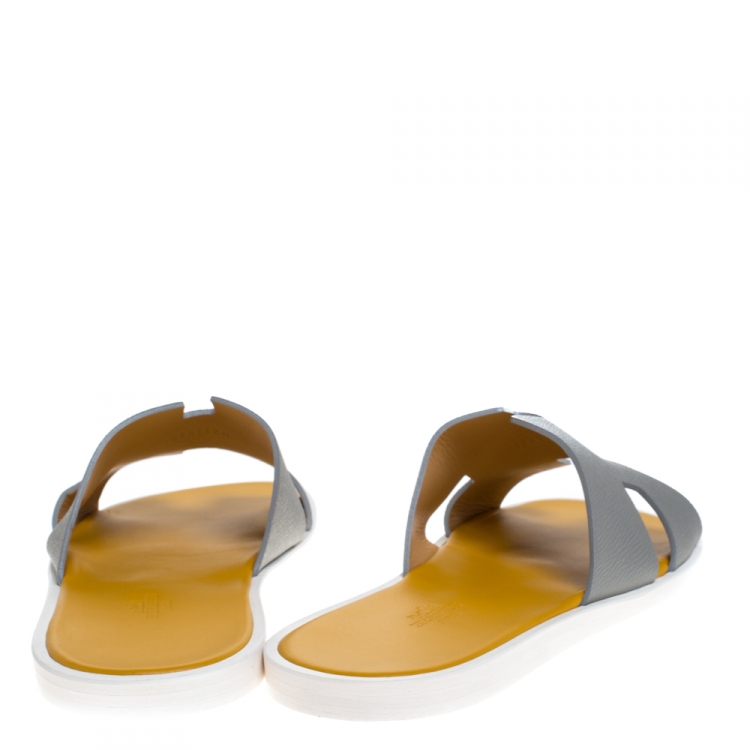 Pre Owned Hermes Grey/Yellow Leather Izmir Flat Slides Size 42
