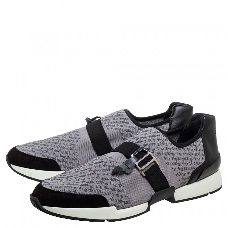 Pre Owned Hermes Grey/Black Knit Fabric And Leather Buckle Run Sneakers Size 43.5