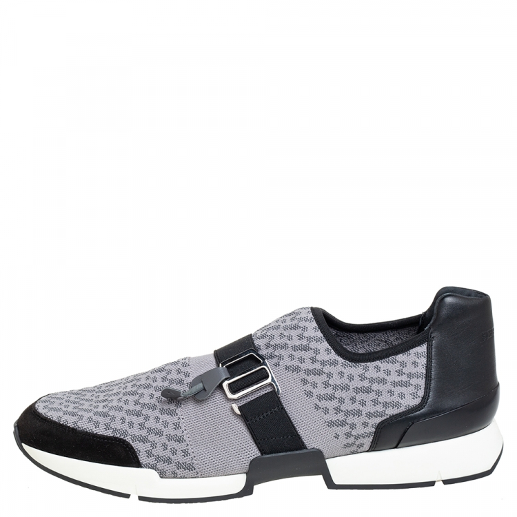 Pre Owned Hermes Grey/Black Knit Fabric And Leather Buckle Run Sneakers Size 43.5