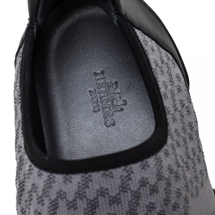 Pre Owned Hermes Grey/Black Knit Fabric And Leather Buckle Run Sneakers Size 43.5