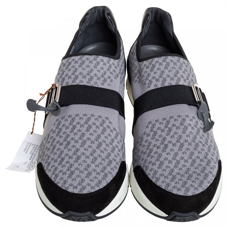 Pre Owned Hermes Grey/Black Knit Fabric And Leather Buckle Run Sneakers Size 43.5