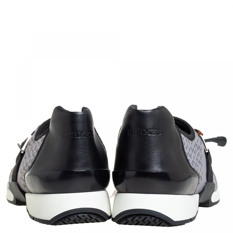 Pre Owned Hermes Grey/Black Knit Fabric And Leather Buckle Run Sneakers Size 43.5