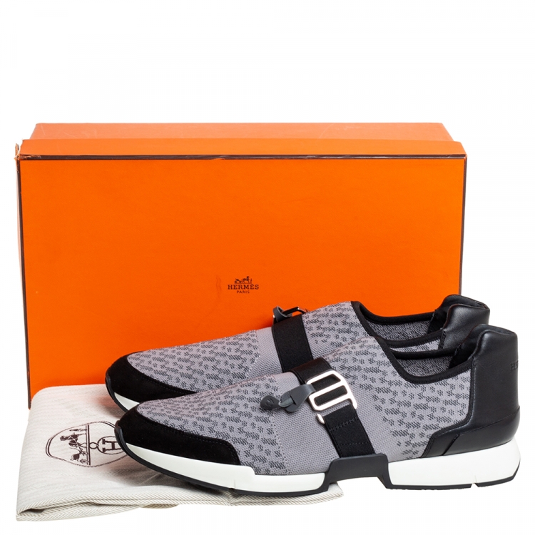 Pre Owned Hermes Grey/Black Knit Fabric And Leather Buckle Run Sneakers Size 43.5