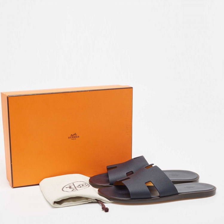 Pre Owned Hermès Navy Blue Leather Izmir Flat Slides Size 45