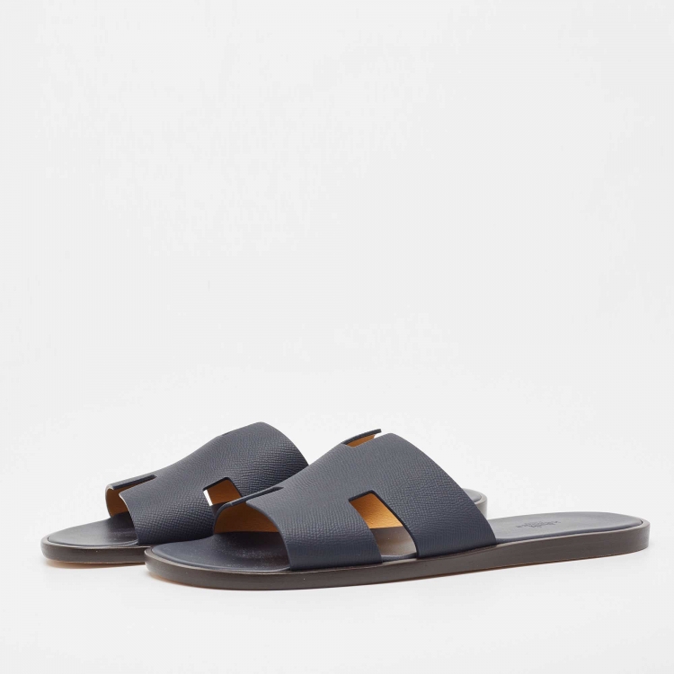 Pre Owned Hermès Navy Blue Leather Izmir Flat Slides Size 45
