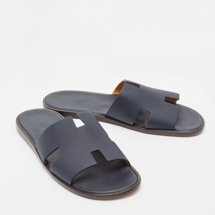 Pre Owned Hermès Navy Blue Leather Izmir Flat Slides Size 45