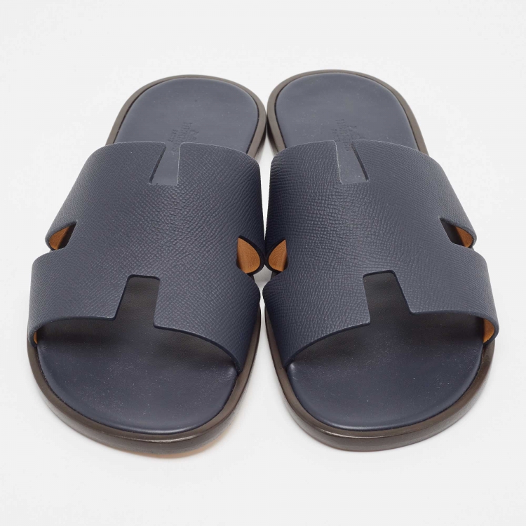 Pre Owned Hermès Navy Blue Leather Izmir Flat Slides Size 45