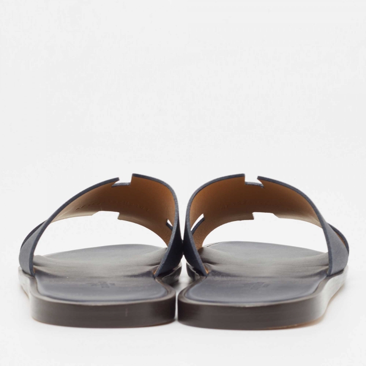 Pre Owned Hermès Navy Blue Leather Izmir Flat Slides Size 45