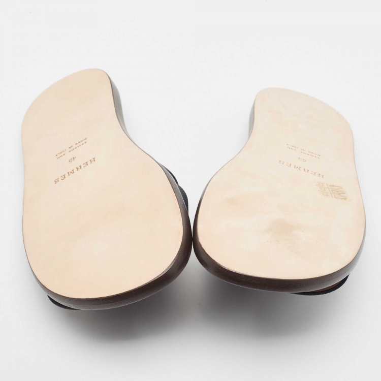 Pre Owned Hermès Navy Blue Leather Izmir Flat Slides Size 45