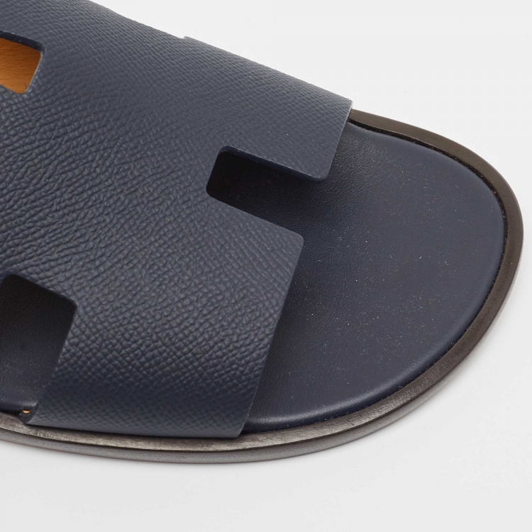 Pre Owned Hermès Navy Blue Leather Izmir Flat Slides Size 45