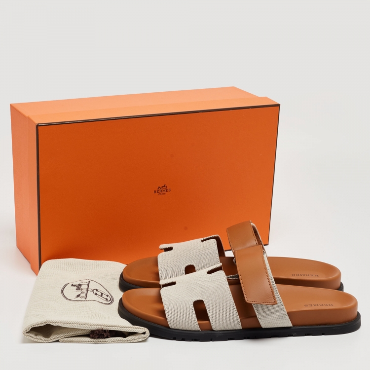 Pre Owned Hermes Beige/Brown Canvas and Leather Chypre Sandals Size 43