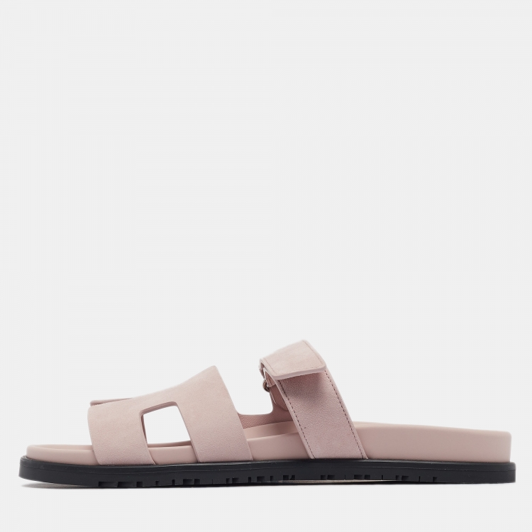 Pre Owned Hermès Pink Suede Chypre Flat Slides Size 42