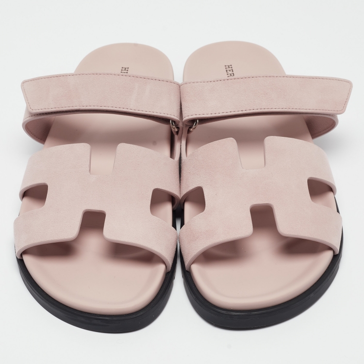 Pre Owned Hermès Pink Suede Chypre Flat Slides Size 42