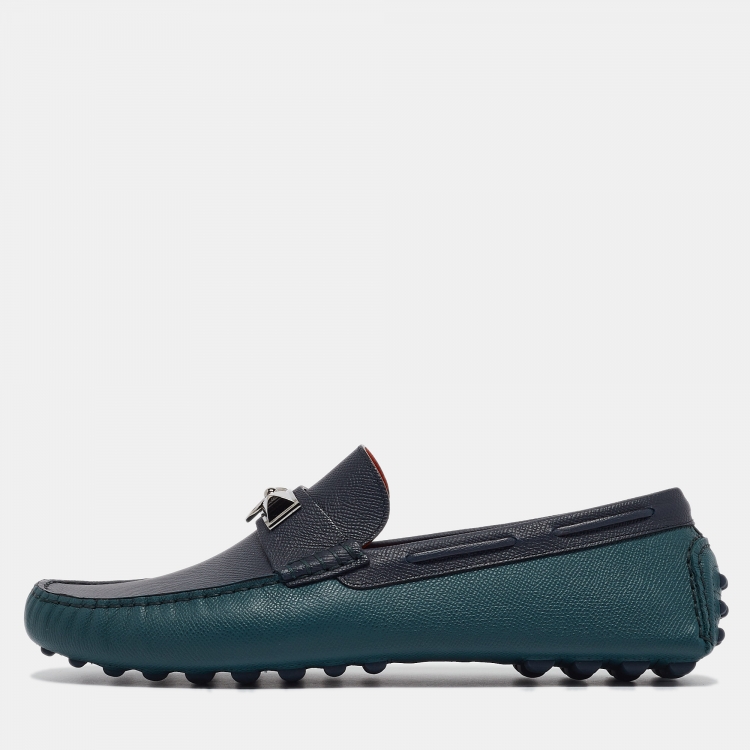 Pre Owned Hermès Green/Navy Blue Leather Irving Loafers Size 43.5