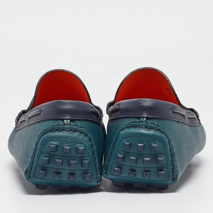 Pre Owned Hermès Green/Navy Blue Leather Irving Loafers Size 43.5