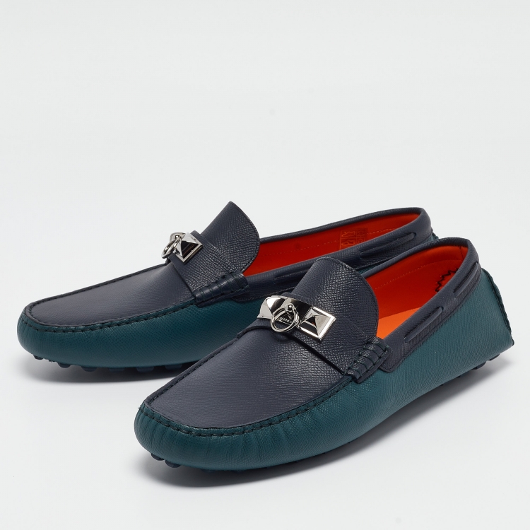 Pre Owned Hermès Green/Navy Blue Leather Irving Loafers Size 43.5