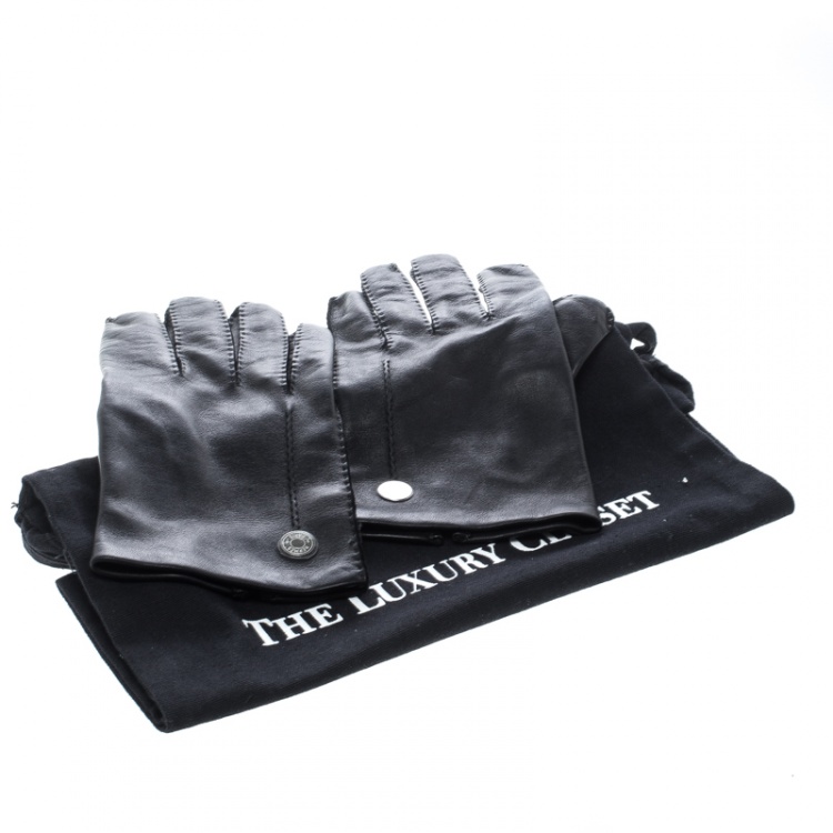 Pre Owned Hermes Black Leather Gloves 8 1/2