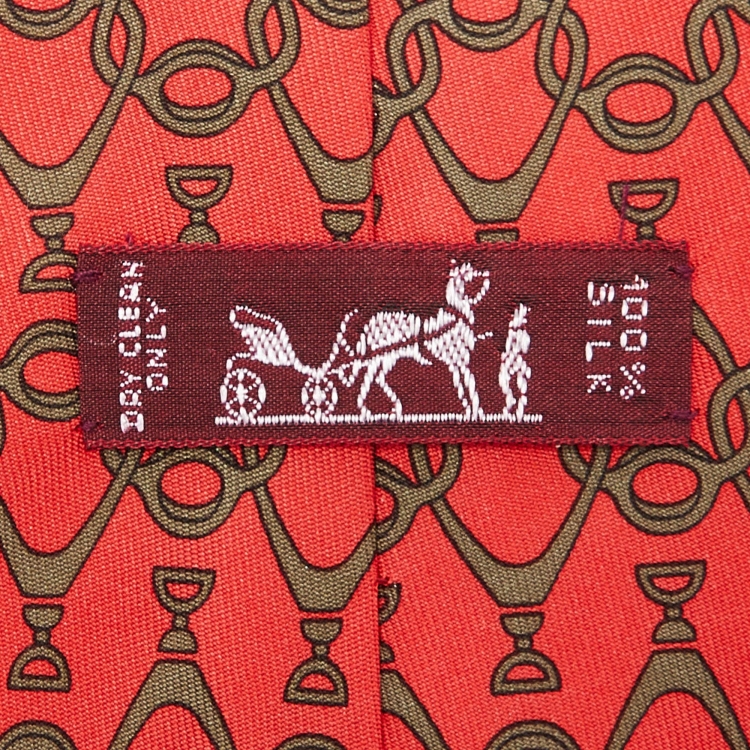 Pre Owned Hermes Red Equestrian Print Silk Traditional Tie