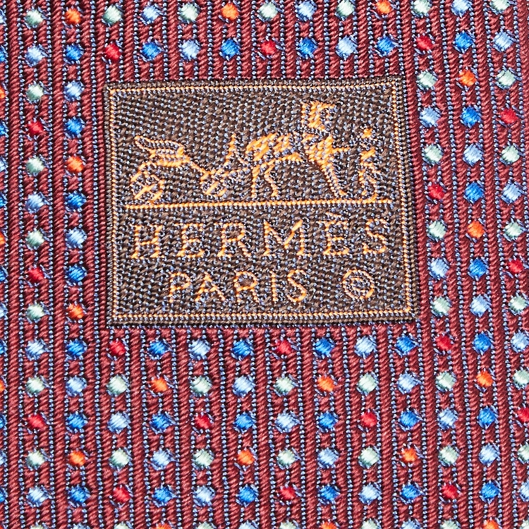 Pre Owned Hermes Burgundy Multicolor Dot Pattern Silk Tie
