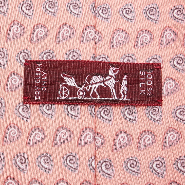 Pre Owned Hermès Peach Paisley Print Silk Tie