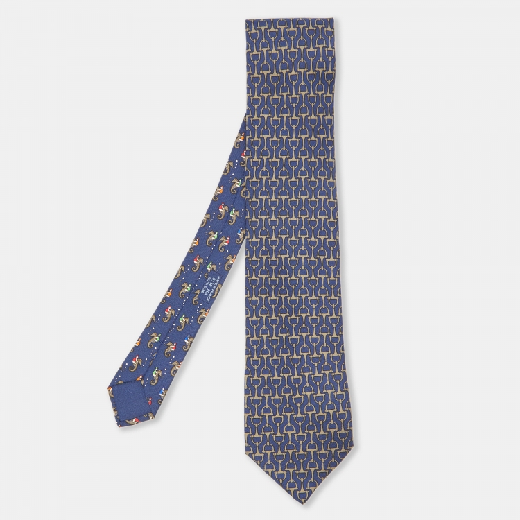 Pre Owned Hermès Navy Blue Horse Bit Print Silk Classic Tie