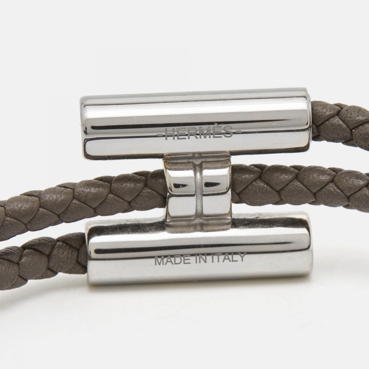 Pre Owned Hermès ermes Tournis Leather Palladium Plated Bracelet