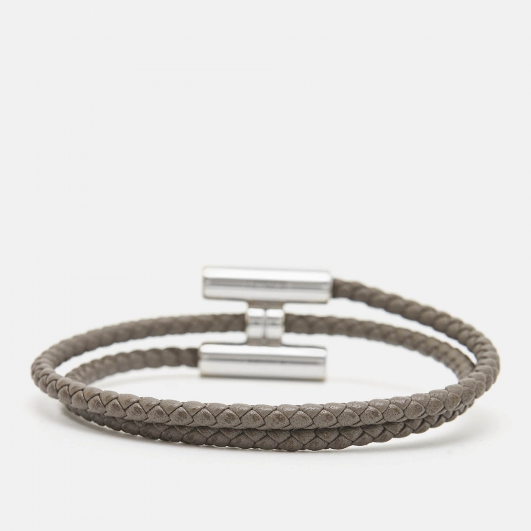 Pre Owned Hermès ermes Tournis Leather Palladium Plated Bracelet