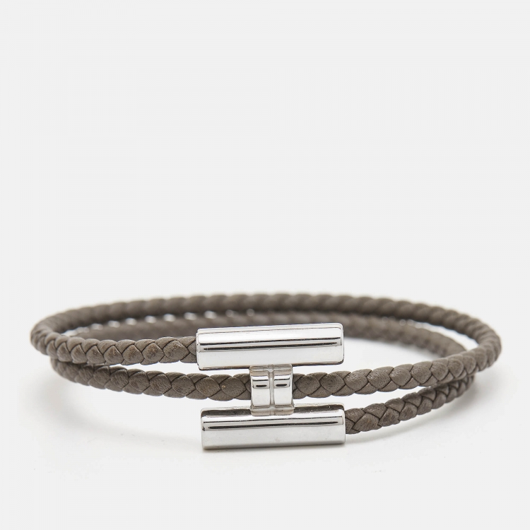Pre Owned Hermès ermes Tournis Leather Palladium Plated Bracelet