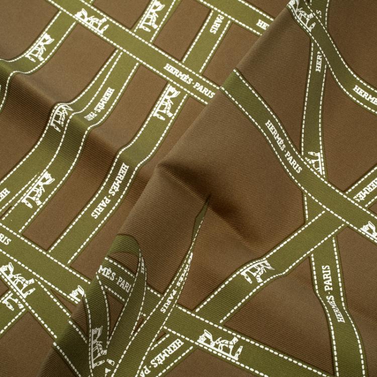 Pre Owned Hermes Military Green Silk Signature Logo Ribbons Print Bolduc Pocket Square