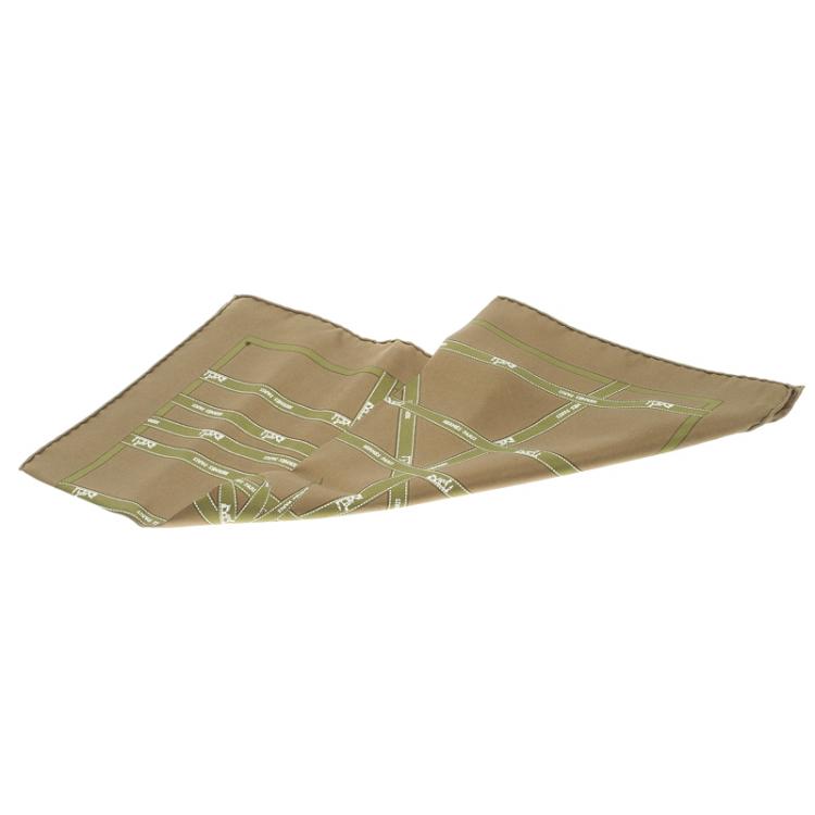 Pre Owned Hermes Military Green Silk Signature Logo Ribbons Print Bolduc Pocket Square