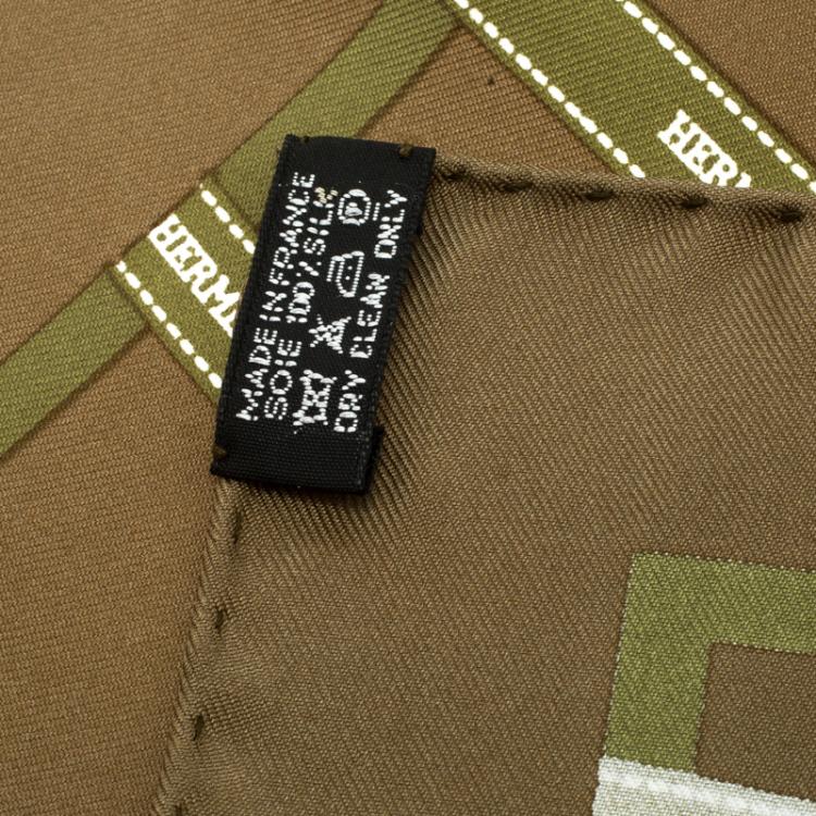 Pre Owned Hermes Military Green Silk Signature Logo Ribbons Print Bolduc Pocket Square