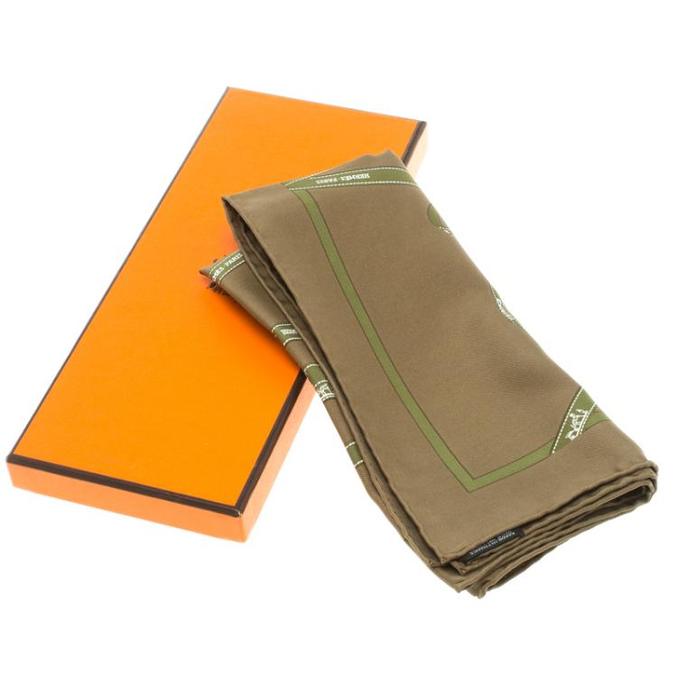Pre Owned Hermes Military Green Silk Signature Logo Ribbons Print Bolduc Pocket Square