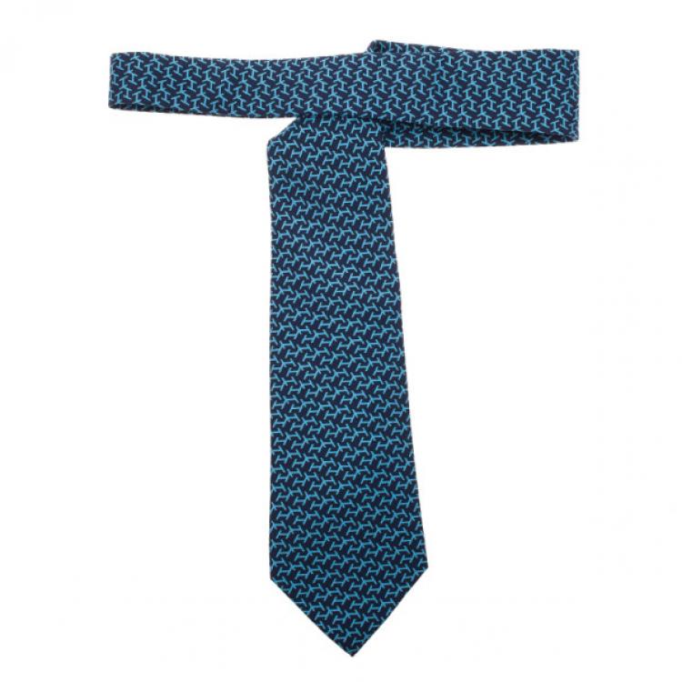 Pre Owned Hermes Blue H Logo Print Tie