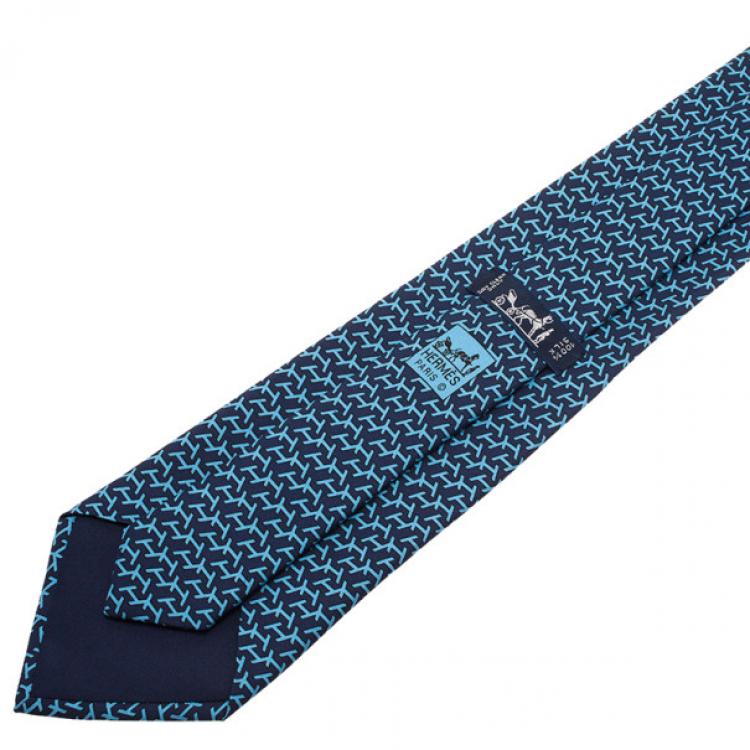 Pre Owned Hermes Blue H Logo Print Tie