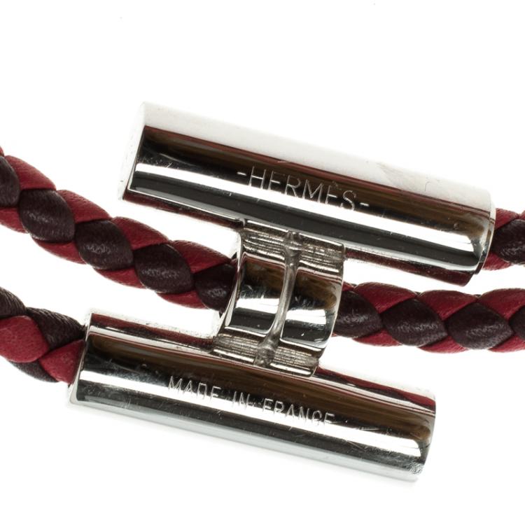 Pre Owned Hermes Tournis Tresse Bicolor Woven Leather Palladium Plated H Bracelet